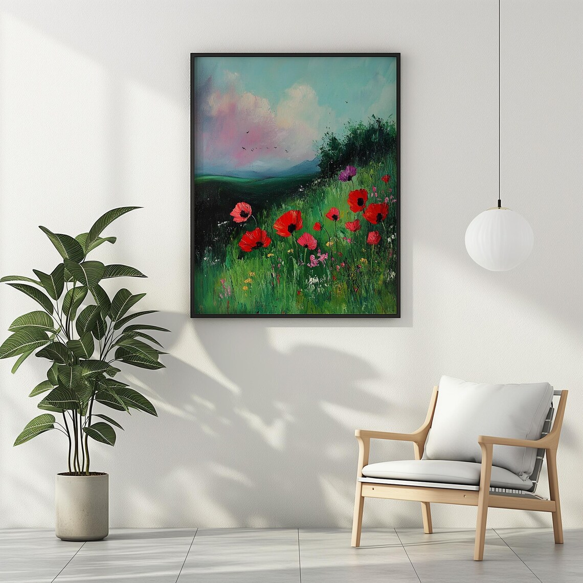 Red Poppies Wildflower Field Pink Sky Mountain Landscape Oil Poster - Image 2