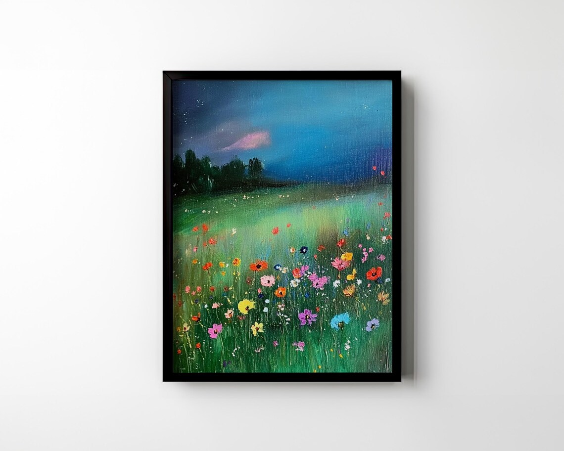 Moonlit Wildflower Meadow Night Sky Teal Vintage Oil Painting Poster - Image 2