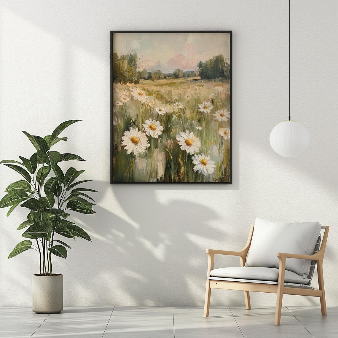 White Daisies Wildflower Meadow Soft Impressionist Oil Painting Poster - Image 3