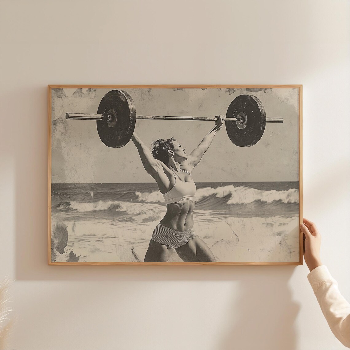 Strong Woman Weightlifting Black And White Beach Barbell Vintage Sports Poster - Image 2