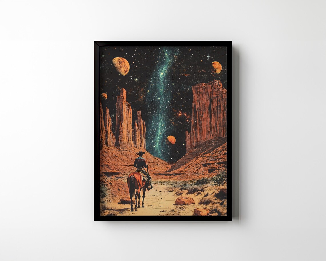 Cowboy Riding Horse in Canyon Landscape Poster - Image 2