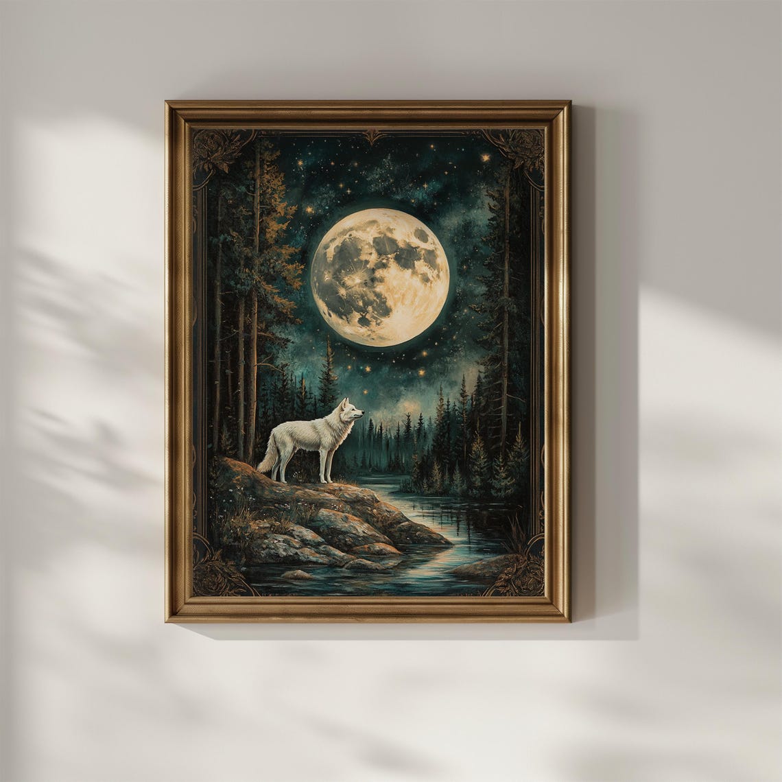 White Wolf Howling At Full Moon Starry Night Celestial Forest Poster - Image 2