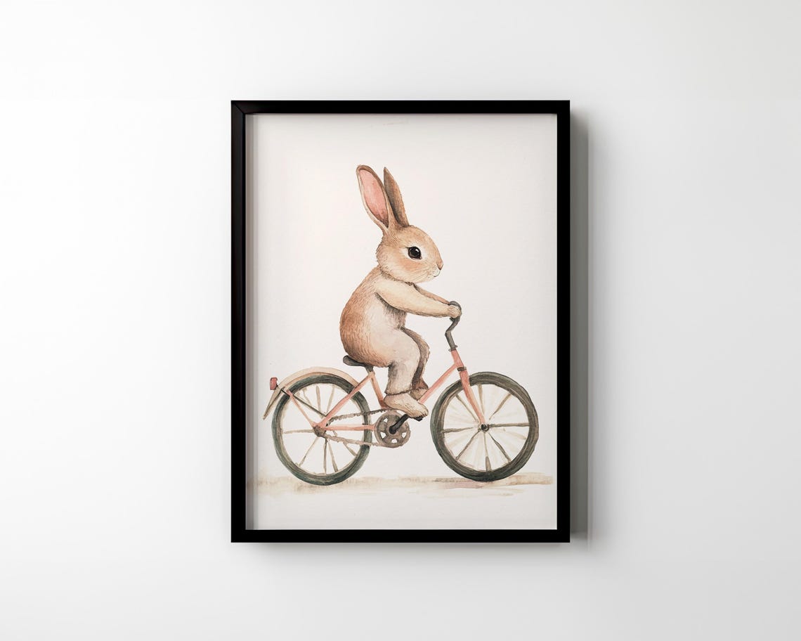 Bunny Riding Pink Bicycle Watercolor Nursery Kids Room Wall Poster - Image 2