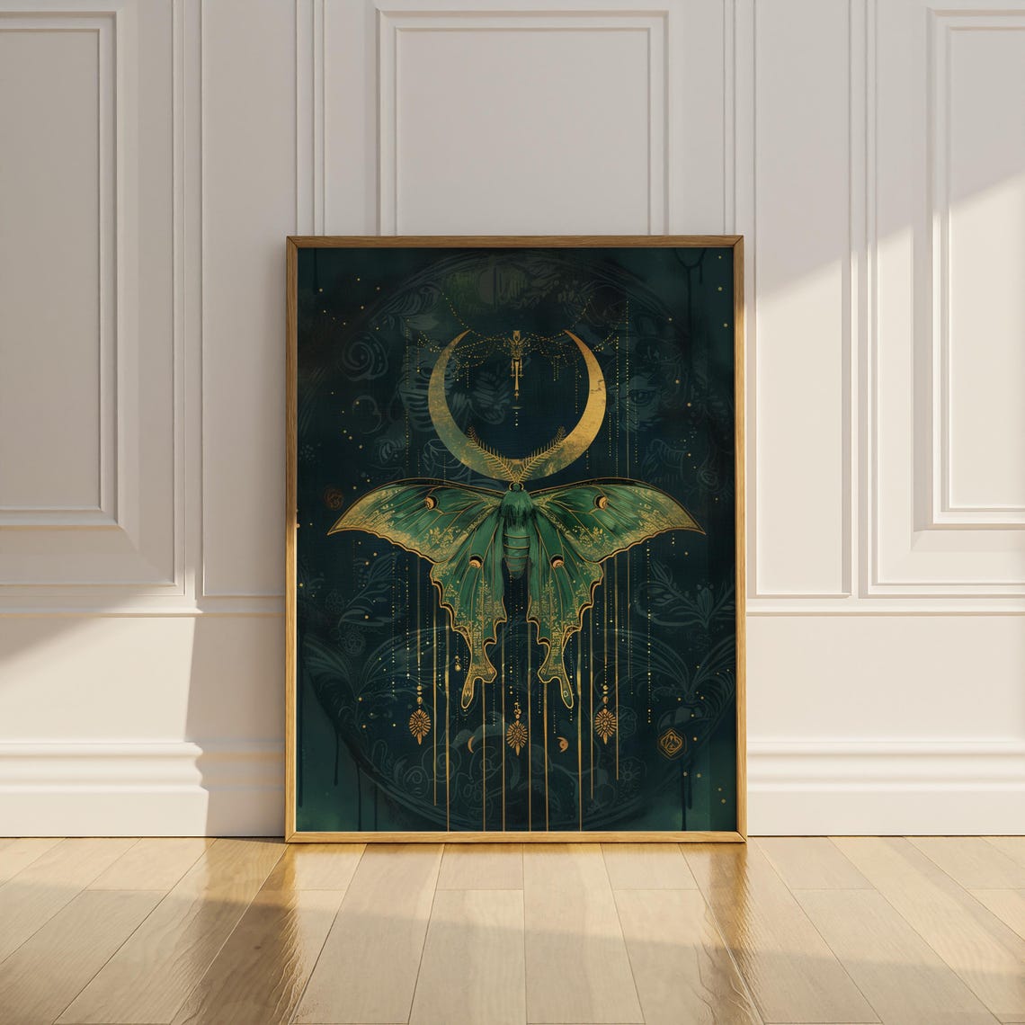 Luna Moth Under Golden Crescent Moon Dark Teal Mystical Poster - Image 3