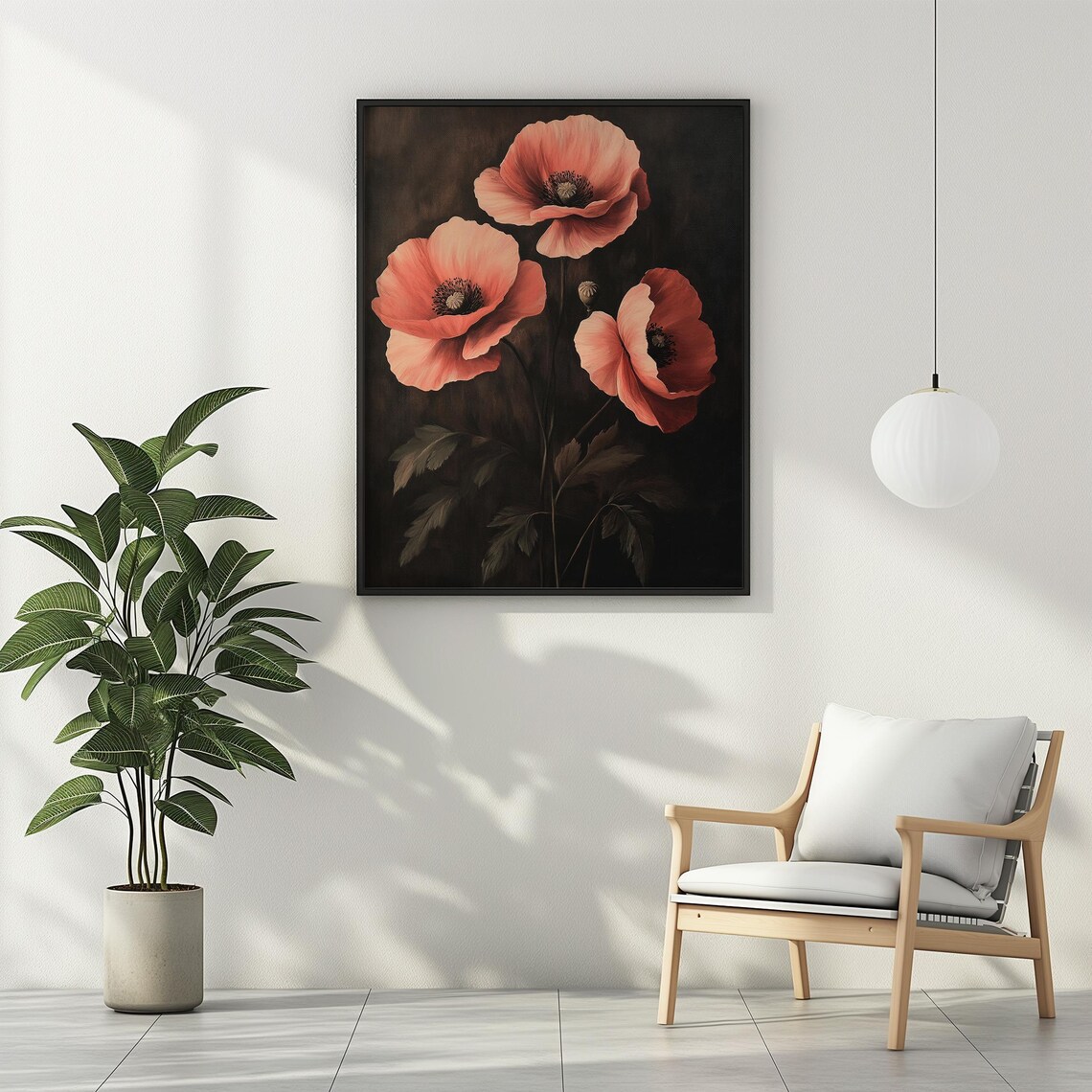 Three Coral Poppies Dark Moody Floral Vintage Garden Botanical Poster - Image 2