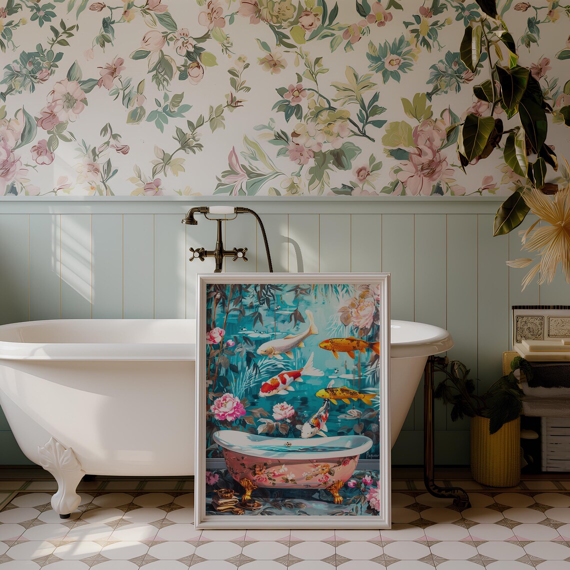 Colorful Koi Fish Swimming Above a Pink Floral Bathtub Bathroom Poster - Image 3