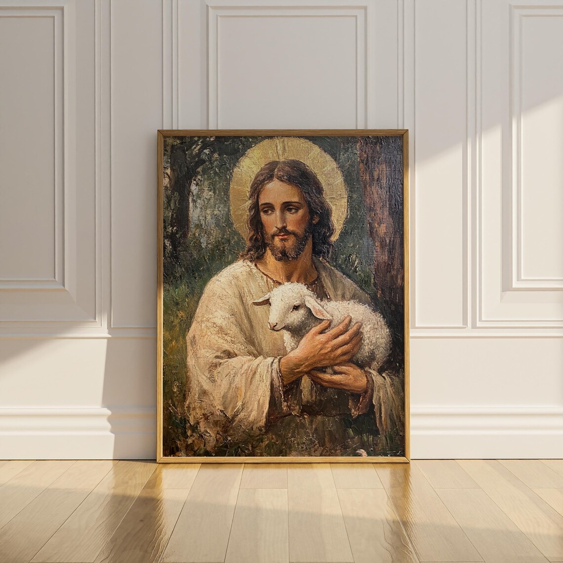 Jesus Holding a Lamb with Golden Halo Vintage Christian Poster - Image 2
