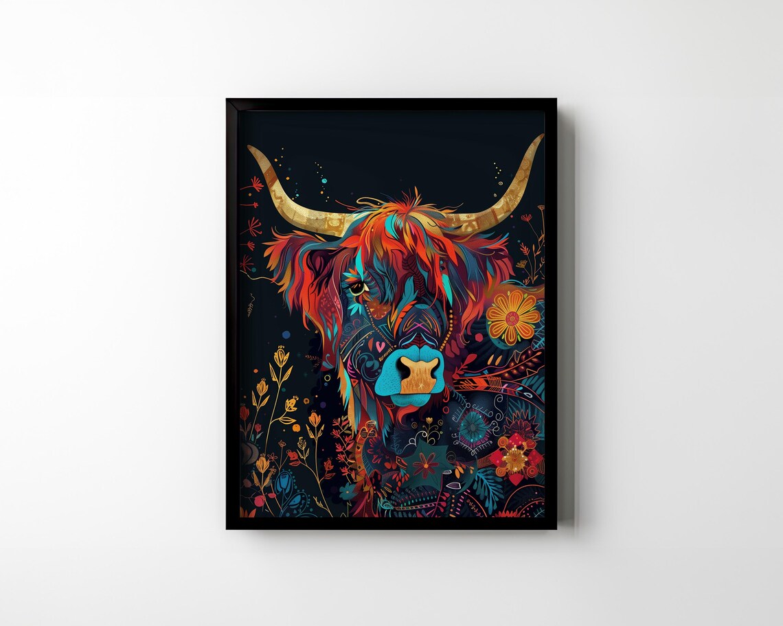 Highland Cow Colorful Folk Art Floral Night Portrait Wall Poster - Image 2