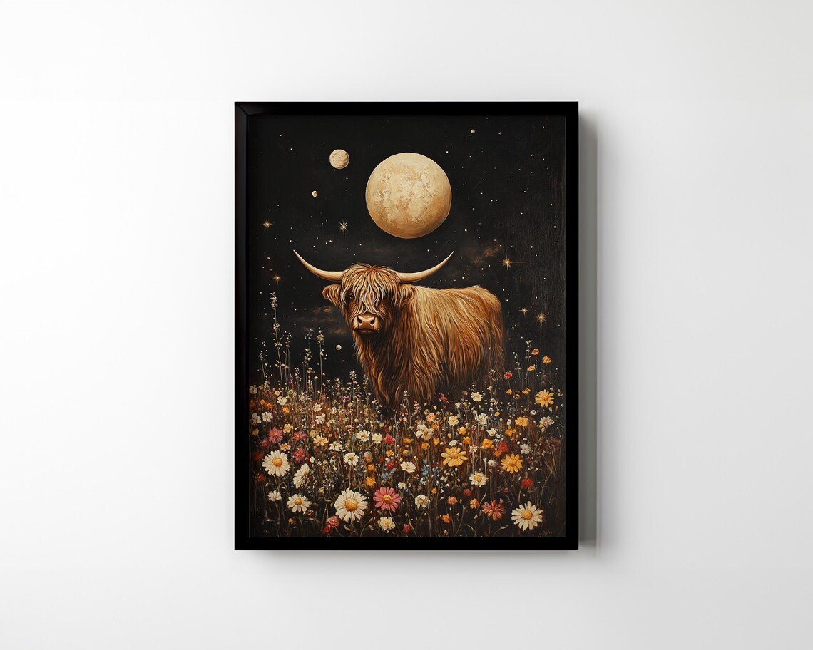 Highland Cow Under the Moon in Wildflower Meadow Night Sky Poster - Image 3