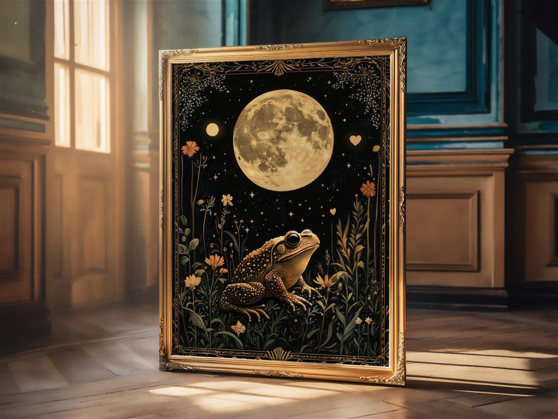 Celestial Toad Under Full Moon Black Gold Witchy Occult Wall Art - Image 2