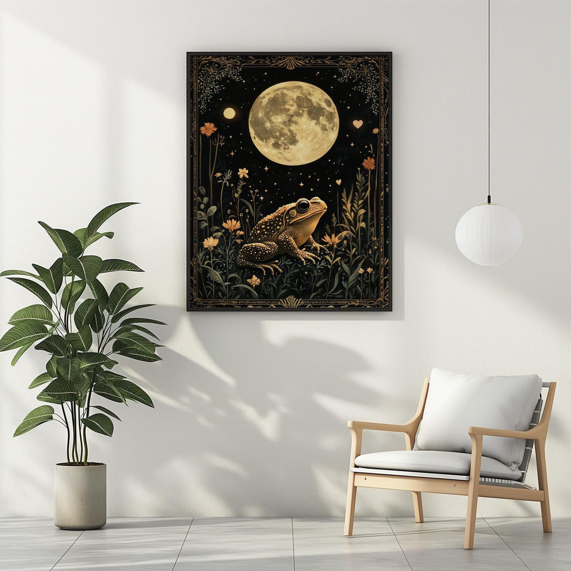 Celestial Toad Under Full Moon Black Gold Witchy Occult Wall Art - Image 3