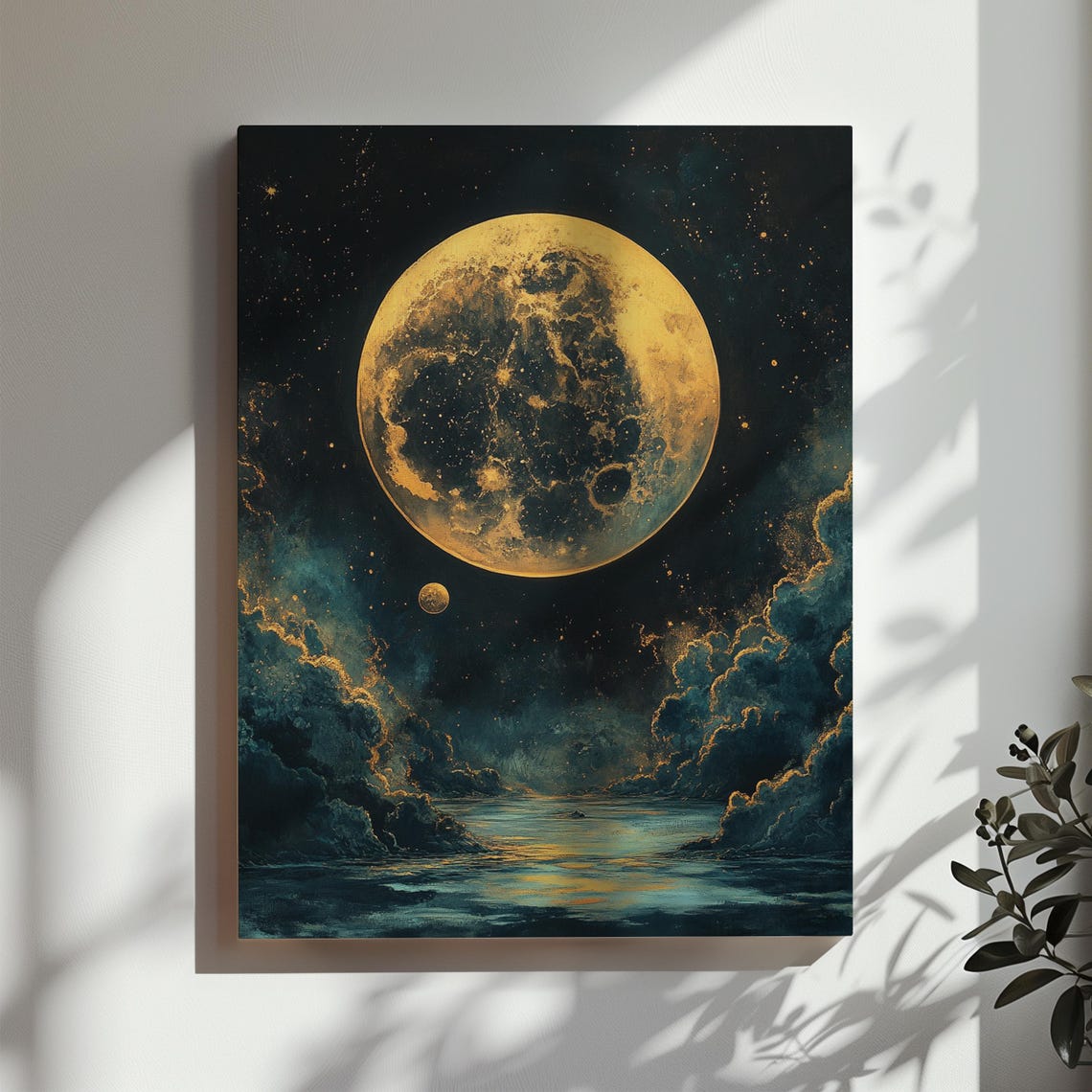 Huge Golden Full Moon Over Misty Night River Starry Sky Wall Art - Image 3