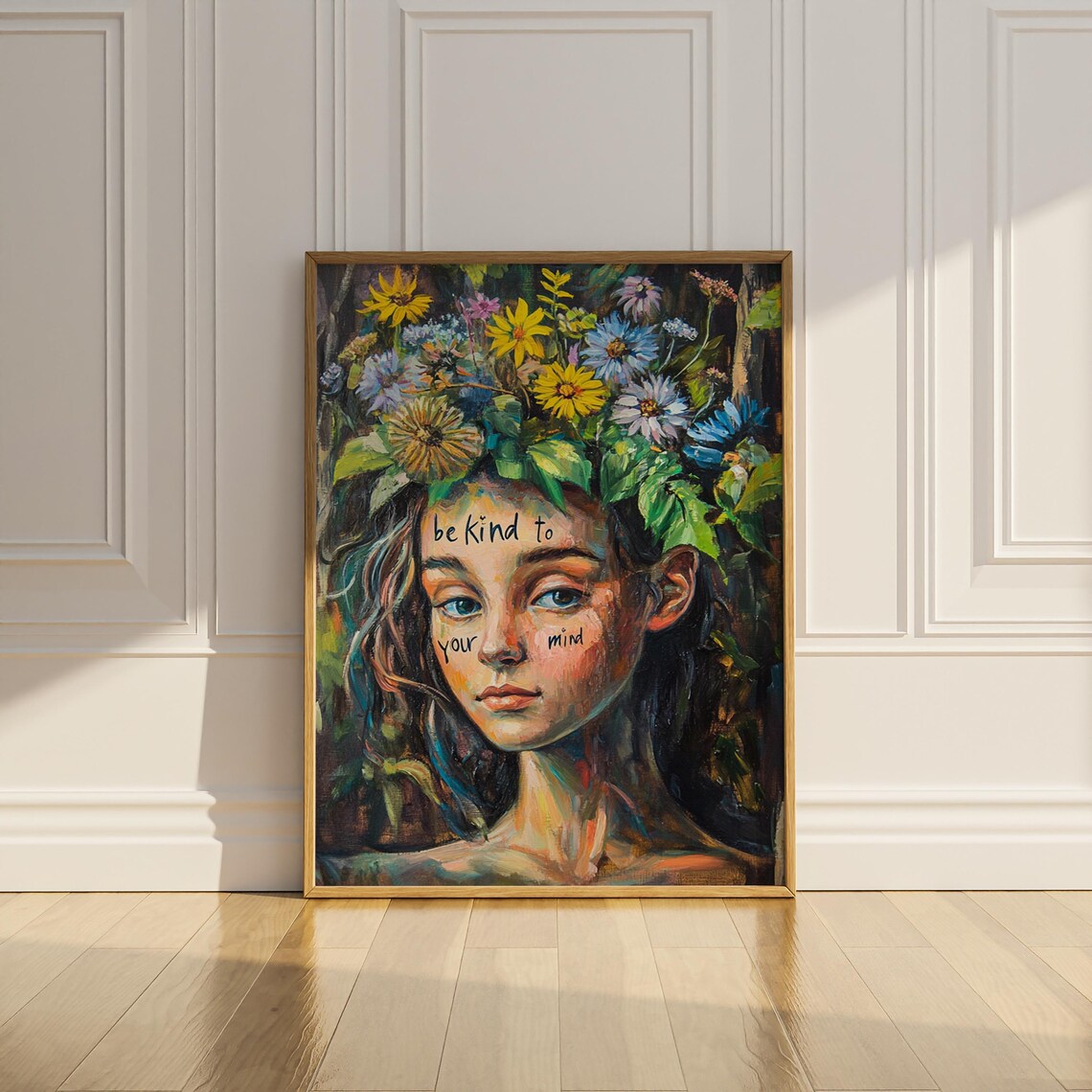 Be Kind to Your Mind Wildflower Crown Girl Oil Painting Poster - Image 3