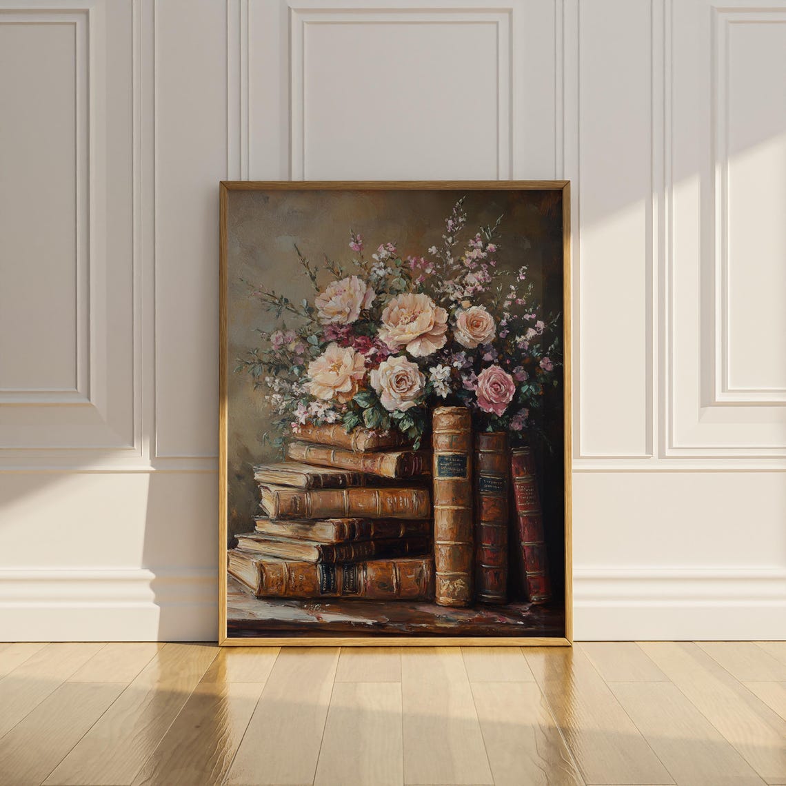 Stack of Antique Books with Roses Dark Academia Still Life Poster - Image 3