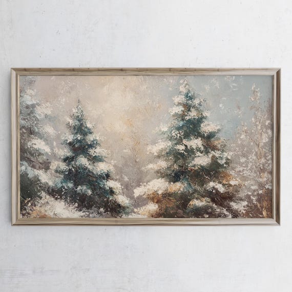 Christmas Frame Tv Art Christmas Tree Vintage Oil Painting Rustic Moody Muted Neutral Winter Farmhouse Holiday Festive Xmas