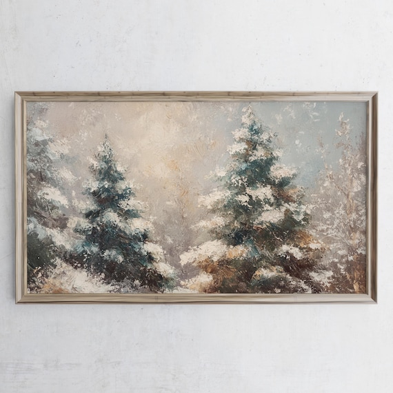 Snowy Pine Trees Vintage Winter Forest Oil Painting Christmas Poster