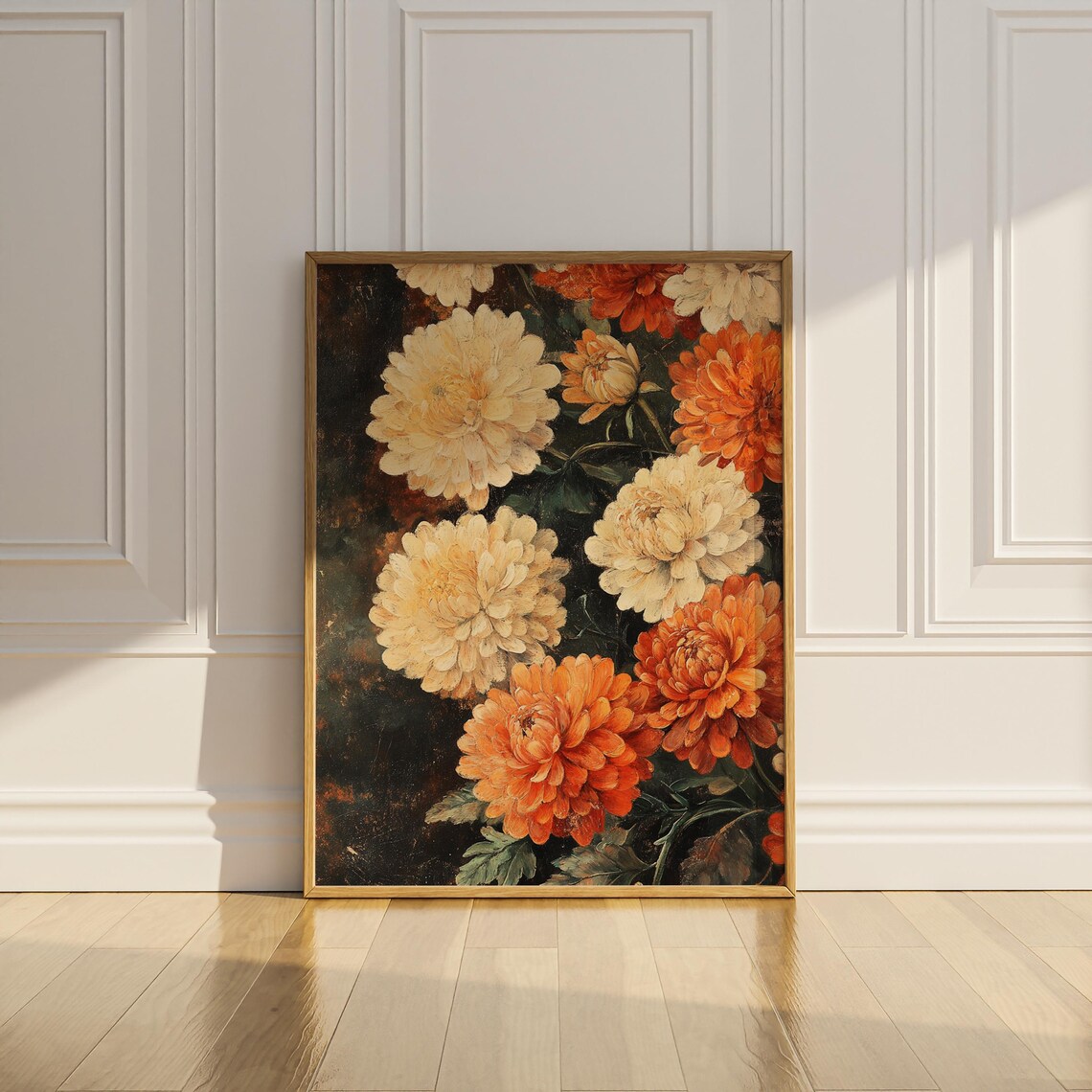 Cream and Orange Chrysanthemums Moody Dark Floral Oil Painting Poster - Image 3