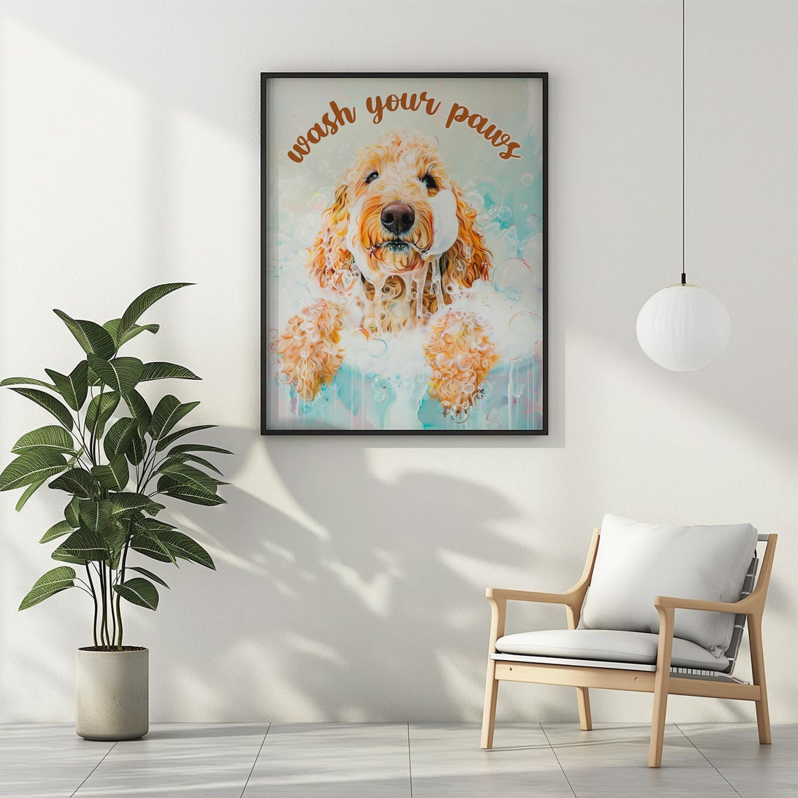 Wash Your Paws Soapy Goldendoodle Dog Bubble Bath Funny Wall Art - Image 3