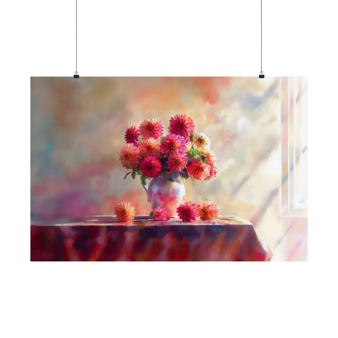 Bright Red Dahlias in Vase Warm Sunlight Watercolor Floral Poster - Image 2
