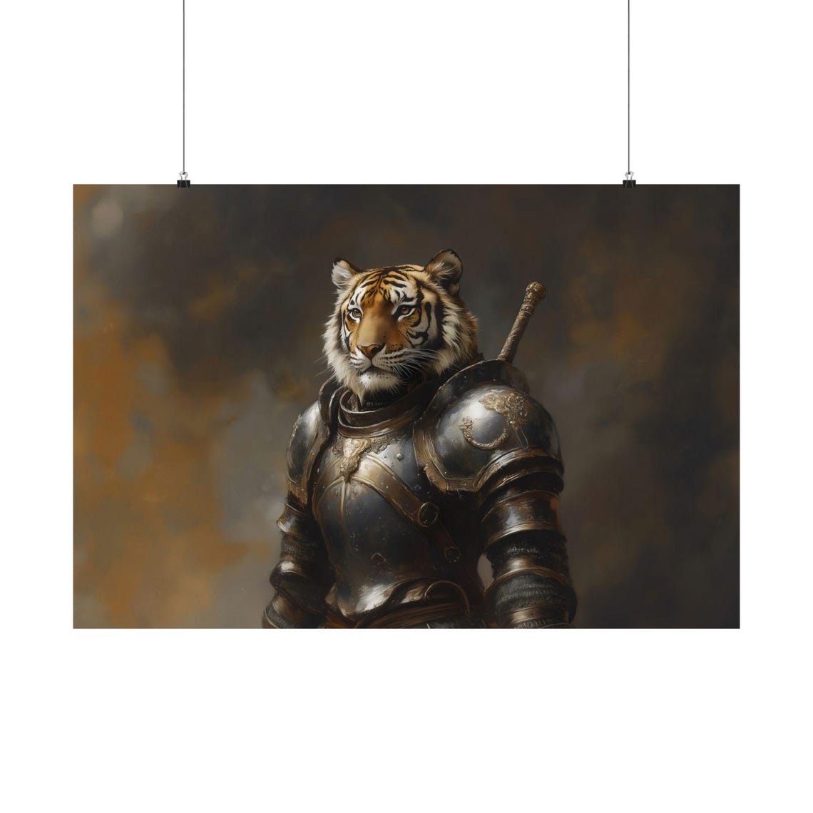 Tiger Knight In Steel Armor With Sword Hilt Smoky Backdrop Poster - Image 3