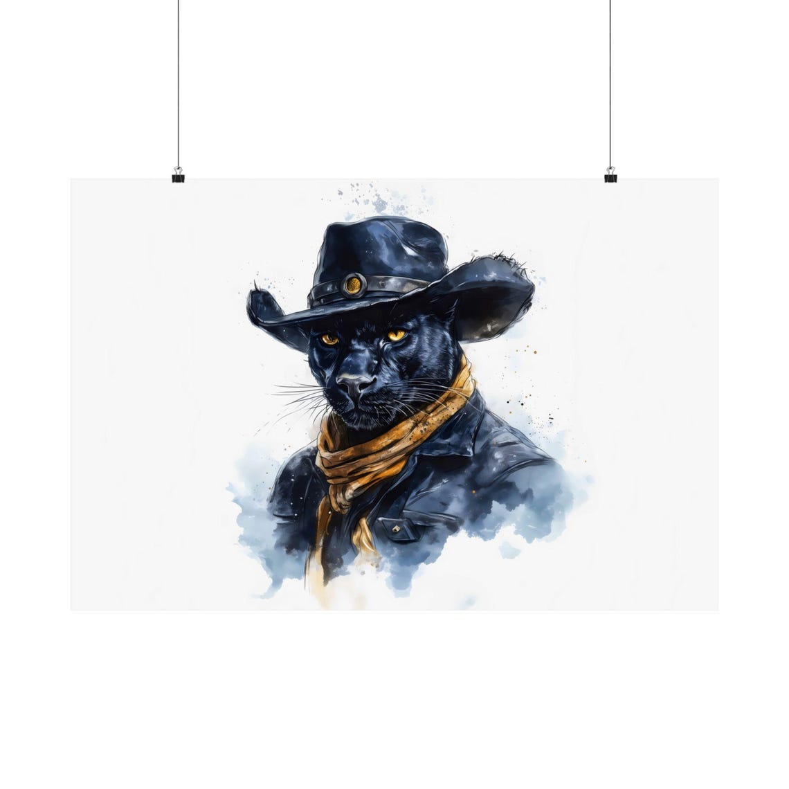 Black Panther Cowboy Hat Watercolor Western Wildlife Portrait Poster - Image 3