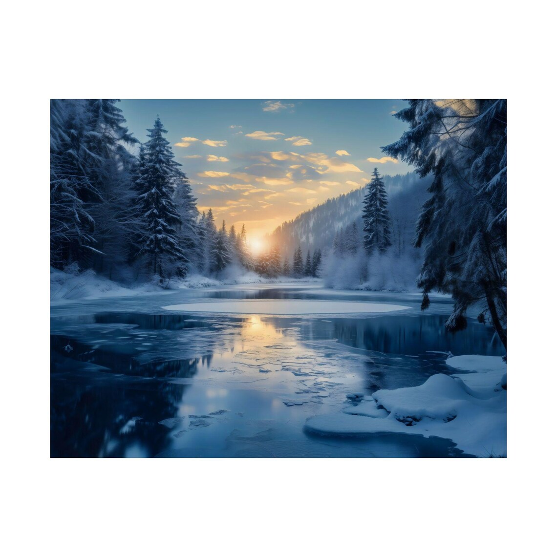 Frozen Lake At Sunrise With Snowy Pines And Mountain Reflections Wall Art - Image 3