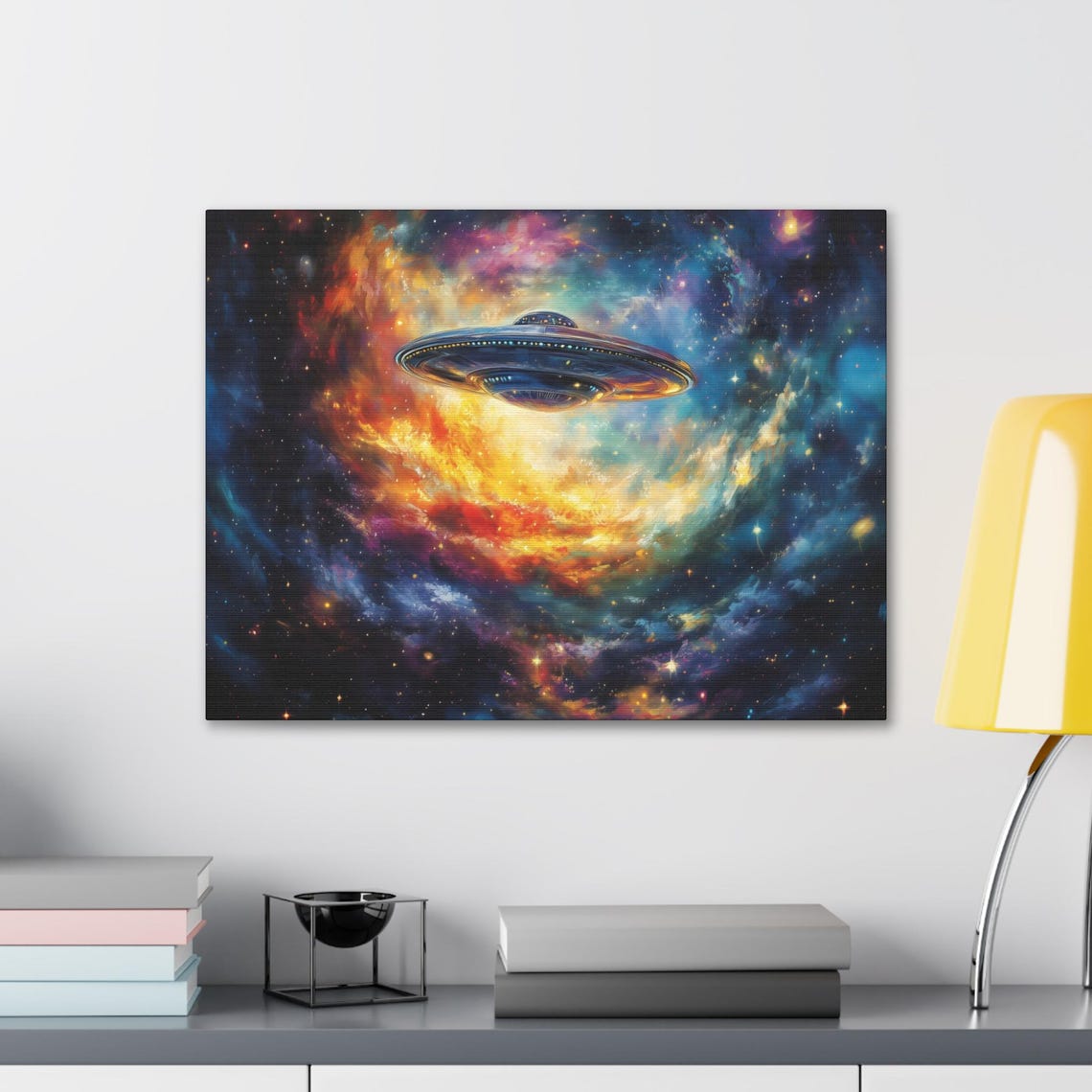UFO Flying Saucer in Colorful Nebula Galaxy Outer Space Poster - Image 2