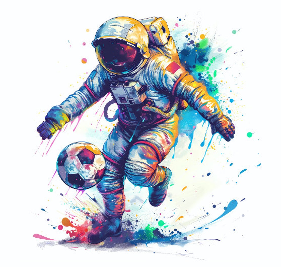Astronaut Dribbling Soccer Ball Colorful Space Watercolor Poster - Image 3