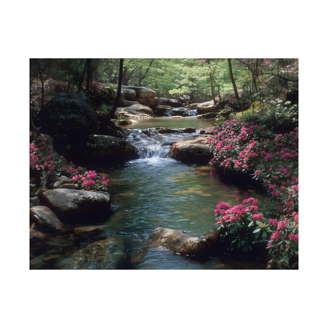 Lush Forest Stream Waterfall Pink Blossoms Mossy Rocks Poster - Image 3