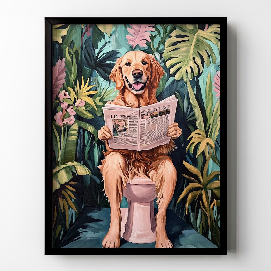 Golden Retriever Smiling on Pink Toilet Reading Newspaper Poster