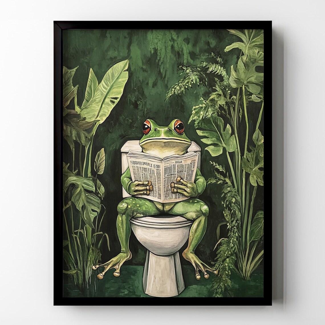 Bright Green Frog Reading Newspaper on Toilet Lush Jungle Poster