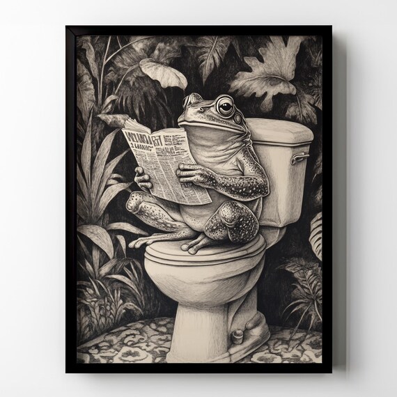Frog Toilet Print Poster Funny Toad Frog Sitting On Toilet Wall Art Tropical Plants Dark Green Jungle Restroom Wall Art Matte Poster