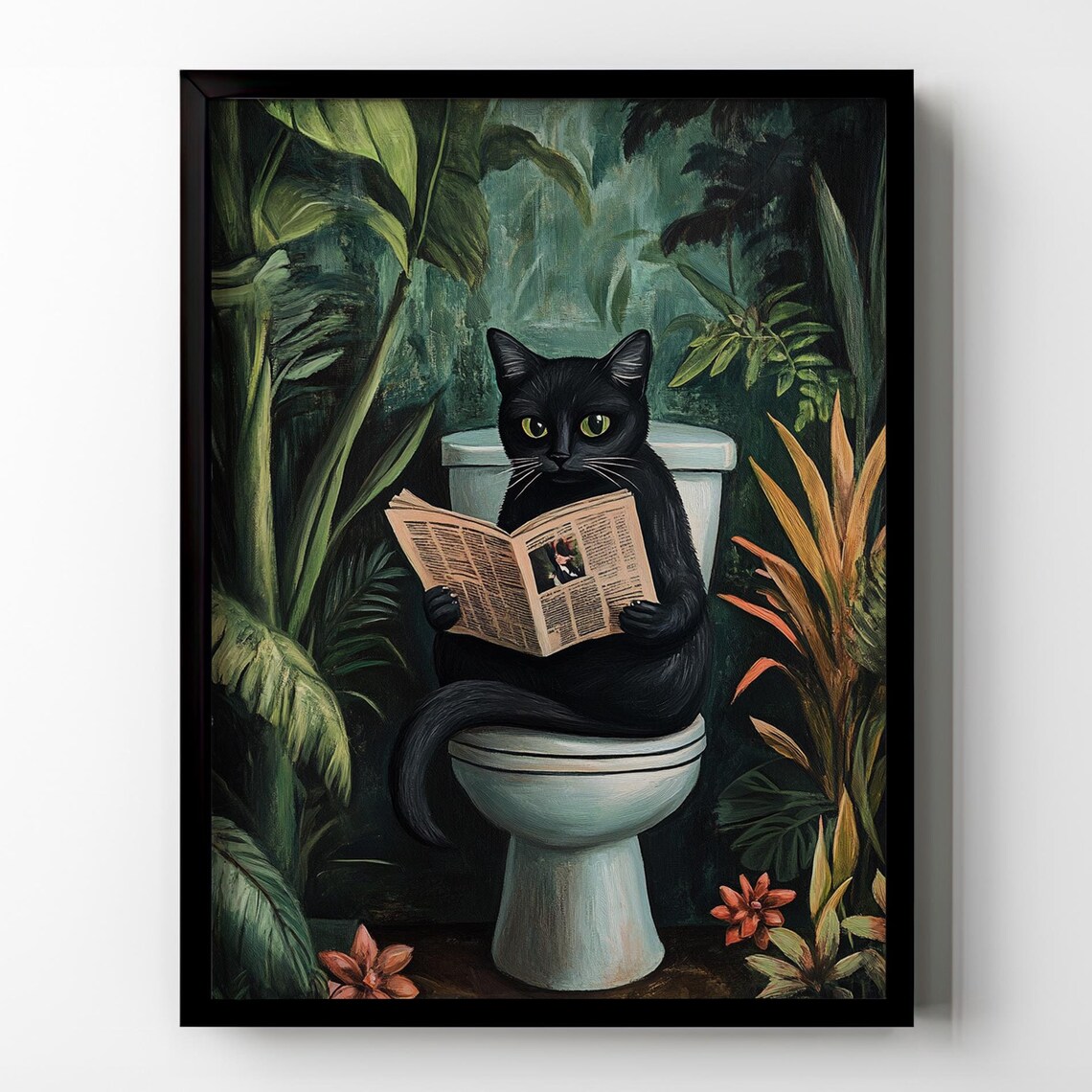 Black Cat Reading Newspaper on Toilet Emerald Jungle Bathroom Poster