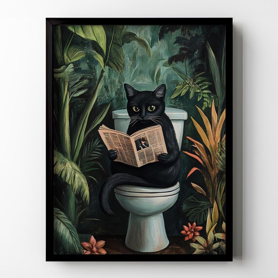 Black Cat Reading Newspaper on Toilet Emerald Jungle Bathroom Poster
