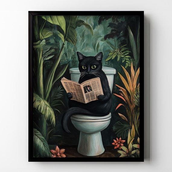Black Cat Toilet Print Poster Funny Cat Sitting On Toilet Wall Art Tropical Plants Dark Green Jungle Restroom Wall Art Matte Poster