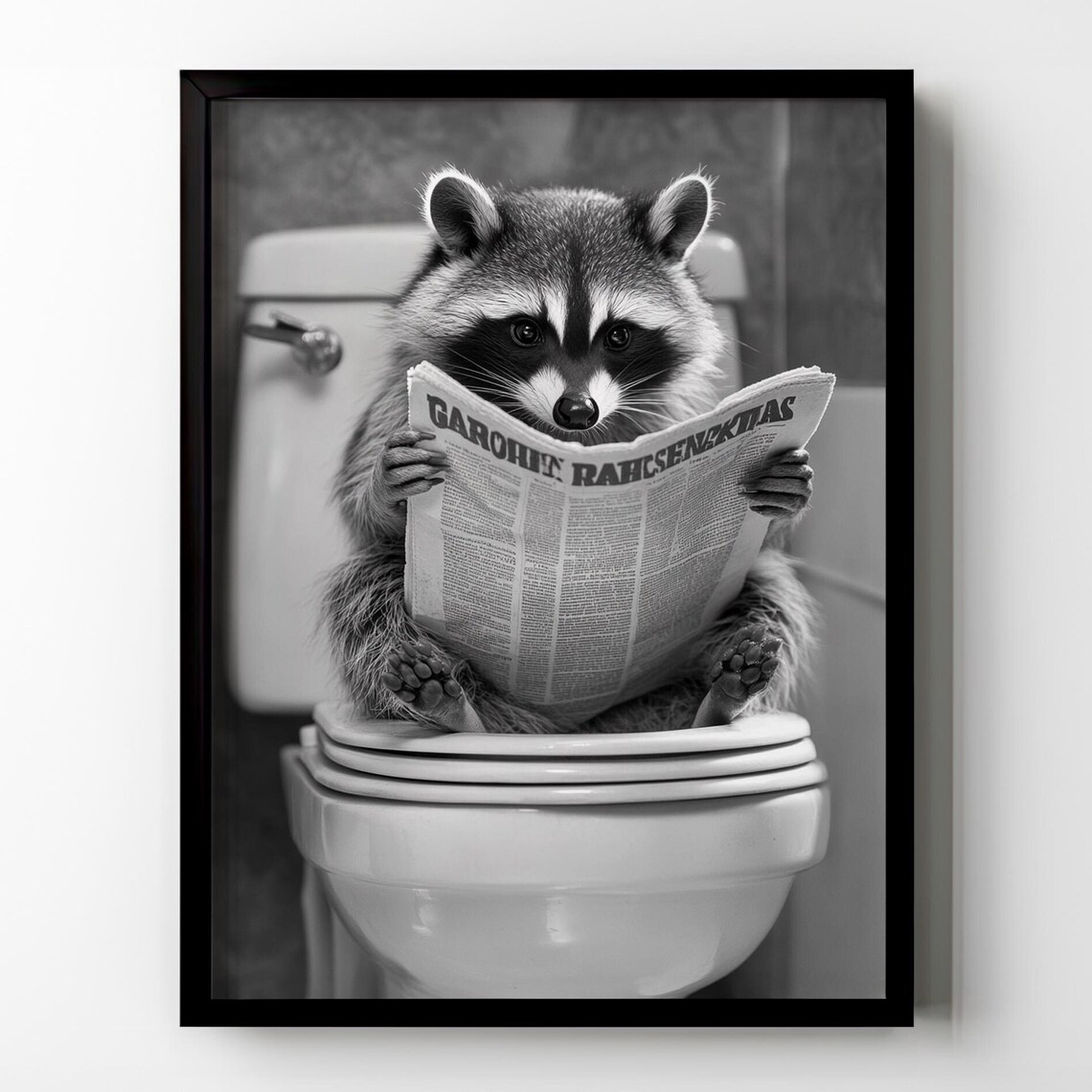 Funny Raccoon Reading Newspaper on Toilet Black and White Poster