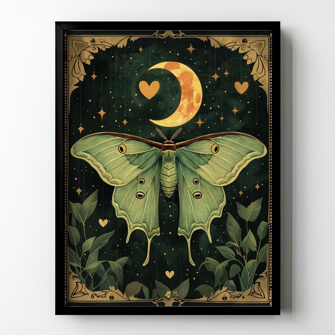 Green Luna Moth With Orange Moon Gold Hearts Dark Art Poster