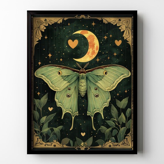 Green Luna Moth With Orange Moon Gold Hearts Dark Art Poster