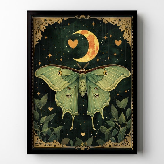 Luna Moth Cottagecore Poster Print Crescent Moon Actias Floral Modern Occult Fairycore Witchy Gothic Wall Art Artwork Gifts Matte Poster