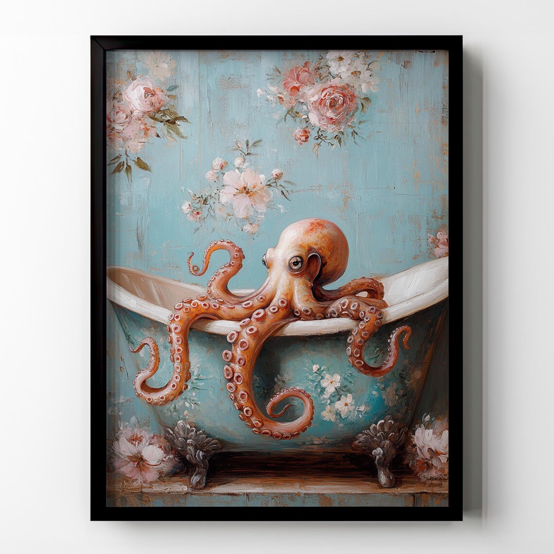 Octopus In Vintage Bathtub Floral Bathroom Whimsical Animal Poster