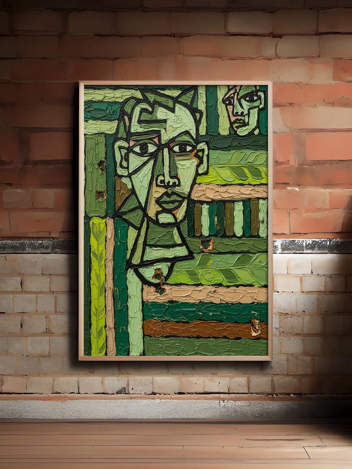 Abstract Green Cubist Face Impasto Textured Portrait Art Poster