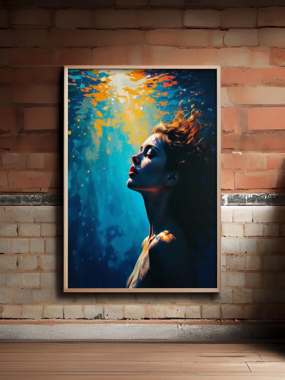 Diving Oil Painting Wall Art Swimming Girl Blue Abstract In Oceansensual Woman Handmade Canvas