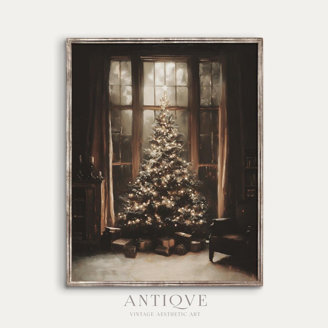 Elegant Christmas Tree by Window, Winter Room Scene Art Print