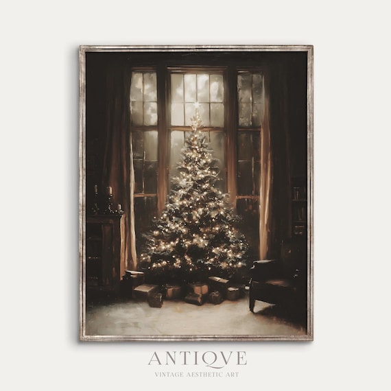 Elegant Christmas Tree by Window, Winter Room Scene Art Print