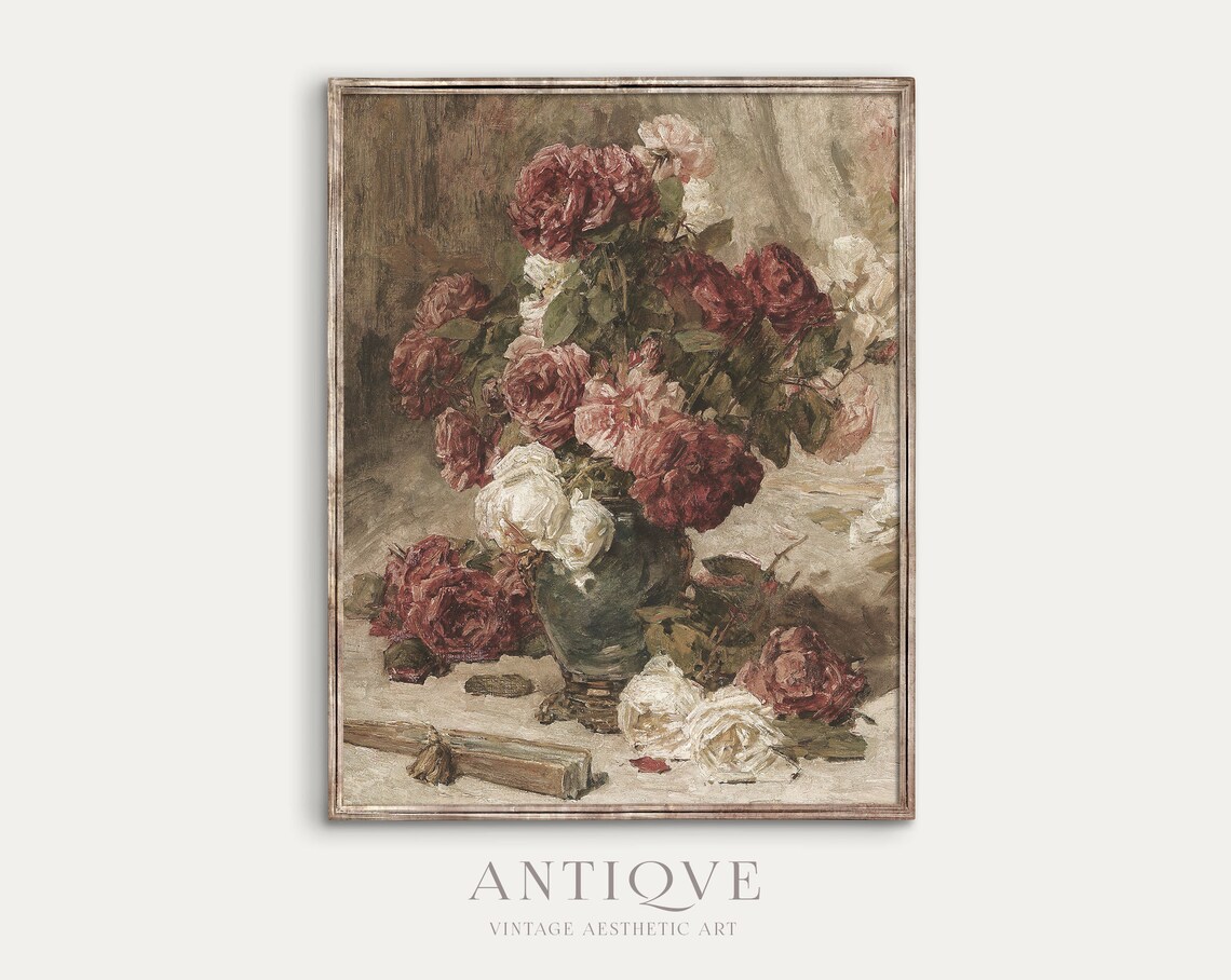 Vintage Roses Still Life, Spanish Fan Art Print