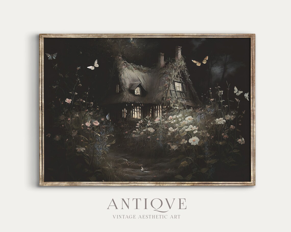 Moody Cottage In The Forest With Butterflies Art Print - Image 2
