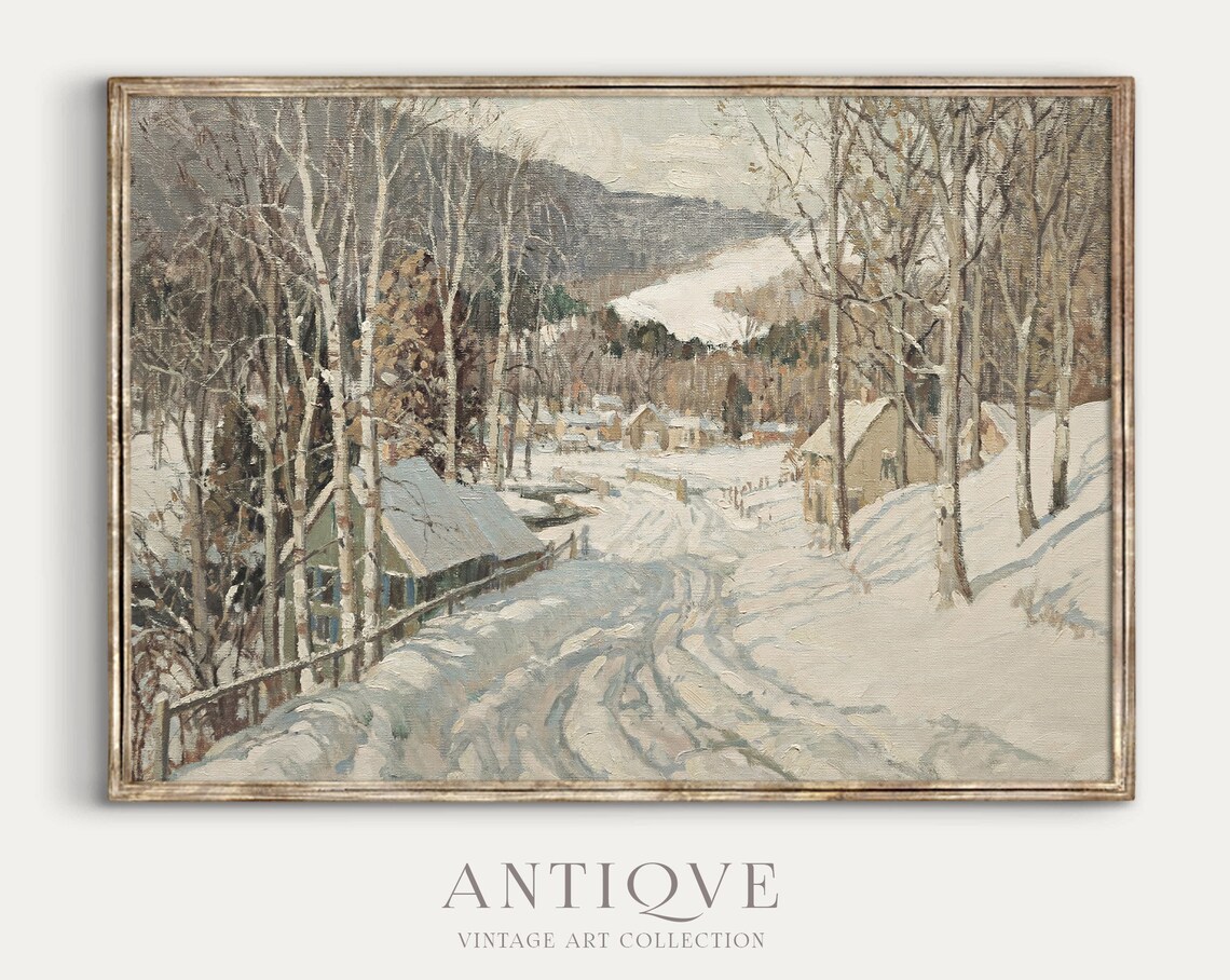 Winter Village Textured Painting, Winter Landscape Art