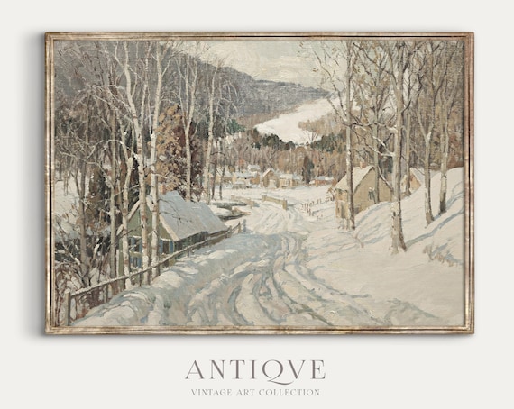 Winter Village Textured Painting, Winter Landscape Art