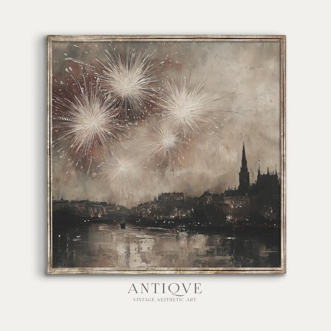 Fireworks Over City Skyline Square Moody Oil Painting Holiday Print - Image 3