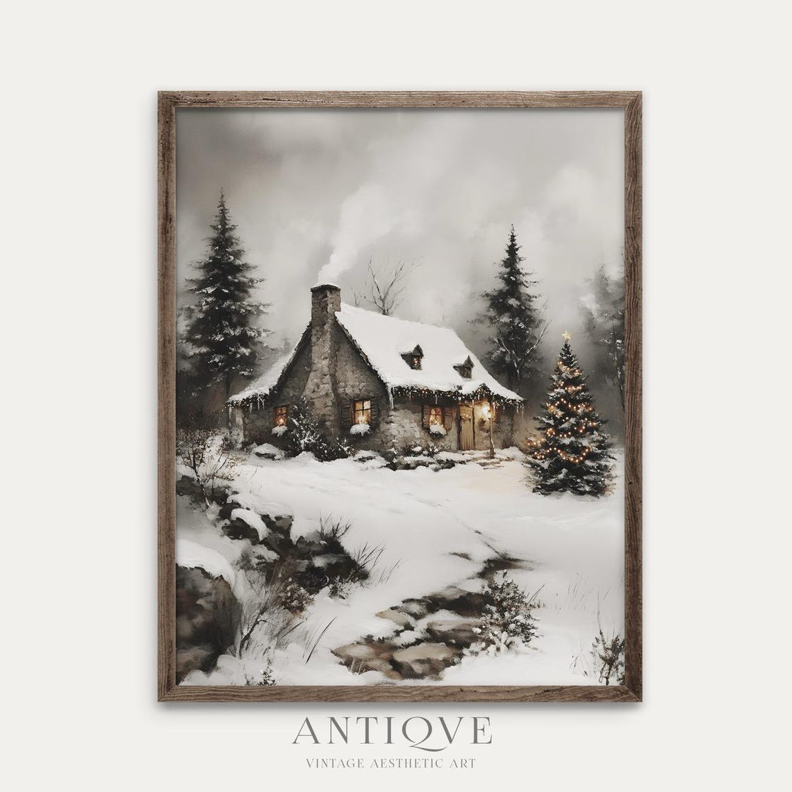 Charming Snowy Stone Cottage With Christmas Tree Winter Night Poster